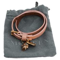 Pre Owned Alexander McQueen Skull Charm Pink Leather Gold Tone Double Wrap Bracelet 