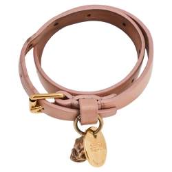 Pre Owned Alexander McQueen Skull Charm Pink Leather Gold Tone Double Wrap Bracelet 