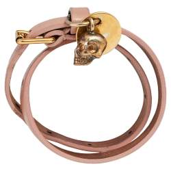 Pre Owned Alexander McQueen Skull Charm Pink Leather Gold Tone Double Wrap Bracelet 