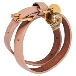 Pre Owned Alexander McQueen Skull Charm Pink Leather Gold Tone Double Wrap Bracelet 