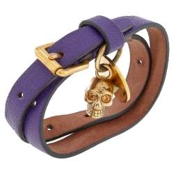 مملوكة مسبقًا Alexander McQueen Skull Charm Purple Leather Double Wrap Bracelet