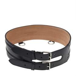 مملوكة مسبقًا Alexander McQueen Black Leather Double Buckle Waist Belt 70CM