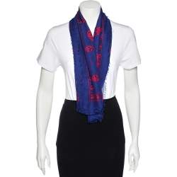 Alexander McQueen Blue Skull Print Modal Blend Scarf