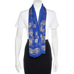 Alexander McQueen Blue Skull Print Silk Blend Scarf