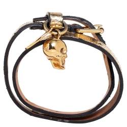 Alexander McQueen Gold Foil Print Snakeskin Double Wrap Skull Charm Bracelet