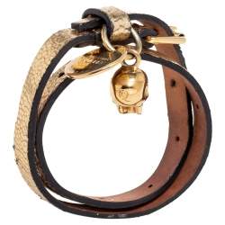 Alexander McQueen Gold Foil Print Snakeskin Double Wrap Skull Charm Bracelet