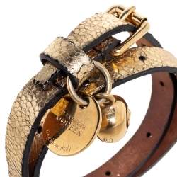 Alexander McQueen Gold Foil Print Snakeskin Double Wrap Skull Charm Bracelet