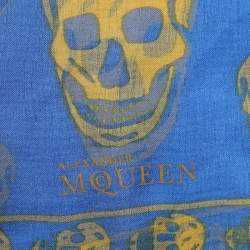 Pre Owned Alexander McQueen Blue & Yellow Skull Print Crepe Silk Scarf