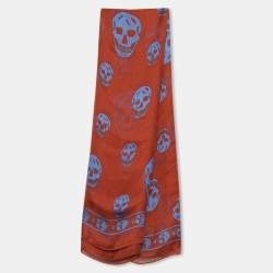 Pre Owned Alexander McQueen Rust Orange Skull Print Crepe Silk Scarf