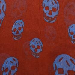 Pre Owned Alexander McQueen Rust Orange Skull Print Crepe Silk Scarf
