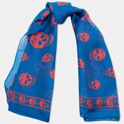 Pre Owned Alexander McQueen Royal Blue & Red Skull Silk Chiffon Scarf