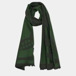 Pre Owned Alexander McQueen Green & Grey Scull Jacquard Wool Stole