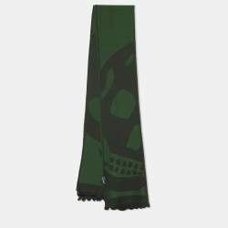 Pre Owned Alexander McQueen Green & Grey Scull Jacquard Wool Stole