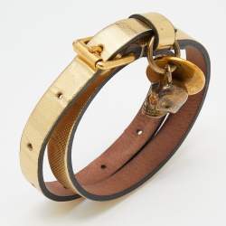 Pre Owned Alexander Mcqueen Gold Leather Crystal Skull Charm Double Wrap Bracelet