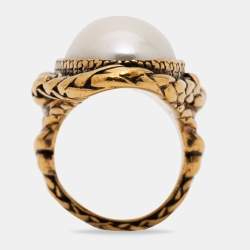 Alexander McQueen Aged Gold Tone Faux Pearl Cocktail Ring Size EU 55