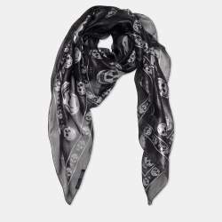 Pre Owned Alexander McQueen Black Skull Printed Lurex Silk Scarf