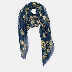 Pre Owned Alexander McQueen Teal Blue Skull Printed Lurex Silk Scarf