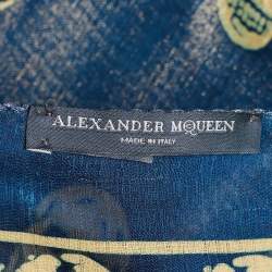 Pre Owned Alexander McQueen Teal Blue Skull Printed Lurex Silk Scarf