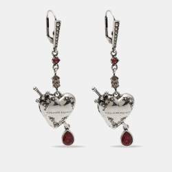 Pre Owned Alexander McQueen Heart Dagger Crystals Silver Tone Long Earrings