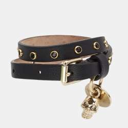 Pre Owned Alexander McQueen Skull Charm Studded Black Leather Wrap Bracelet
