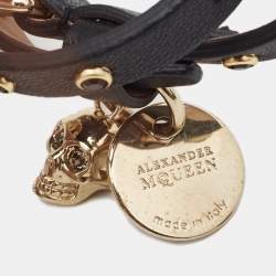 Pre Owned Alexander McQueen Skull Charm Studded Black Leather Wrap Bracelet