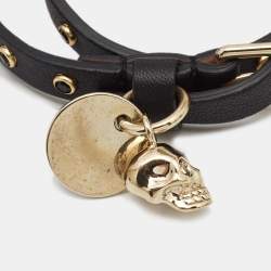 Pre Owned Alexander McQueen Skull Charm Studded Black Leather Wrap Bracelet