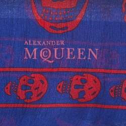 Pre Owned Alexander McQueen Royal Blue & Red Skull Silk Chiffon Scarf