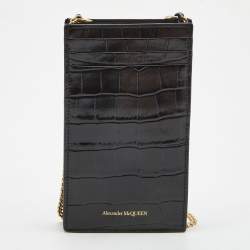 Alexander McQueen Black Croc Embossed Glossy Leather Skull Plaque Chain Phone Case 