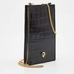 Alexander McQueen Black Croc Embossed Glossy Leather Skull Plaque Chain Phone Case 