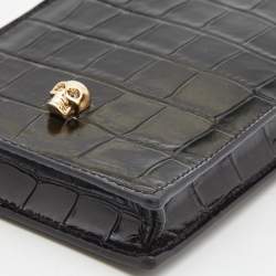 Alexander McQueen Black Croc Embossed Glossy Leather Skull Plaque Chain Phone Case 