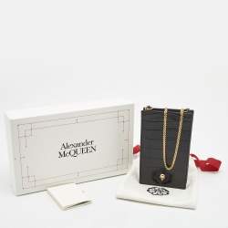 Alexander McQueen Black Croc Embossed Glossy Leather Skull Plaque Chain Phone Case 