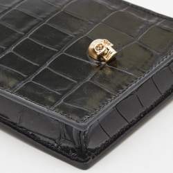 Alexander McQueen Black Croc Embossed Glossy Leather Skull Plaque Chain Phone Case 