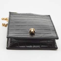 Alexander McQueen Black Croc Embossed Glossy Leather Skull Plaque Chain Phone Case 