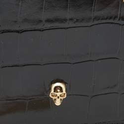 Alexander McQueen Black Croc Embossed Glossy Leather Skull Plaque Chain Phone Case 
