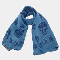 Alexander McQueen Slate Blue Skull Print Silk Chiffon Scarf