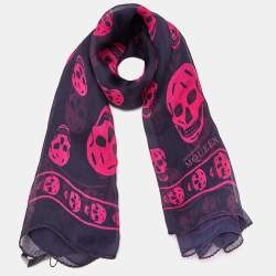 Pre Owned Alexander McQueen Balck & Pink Skull Printed Silk Scarf