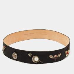 Alexander McQueen Black Satin Embellished Waist Belt 75CM