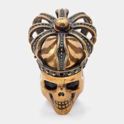 Alexander McQueen Gold Tone Crystal Eye Skull & Crown Ring Size 54