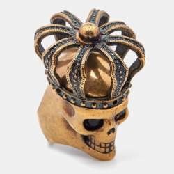 Alexander McQueen Gold Tone Crystal Eye Skull & Crown Ring Size 54