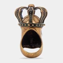 Alexander McQueen Gold Tone Crystal Eye Skull & Crown Ring Size 54