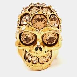 Alexander McQueen Skull Crystals Gold Tone Ring Size 55 