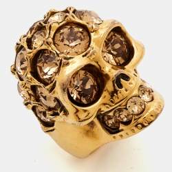 Alexander McQueen Skull Crystals Gold Tone Ring Size 55 
