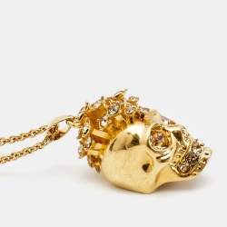 Pre Owned Alexander McQueen Skull Crytsals Gold Tone Pendant Necklace