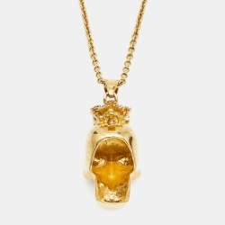 Pre Owned Alexander McQueen Skull Crytsals Gold Tone Pendant Necklace