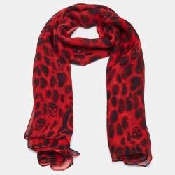 Pre Owned Alexander McQueen Red Animal & Skull Printed Silk Square Scarf