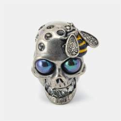 Alexander McQueen Bee Crystal Studded Skull Silver Tone Ring Size 51