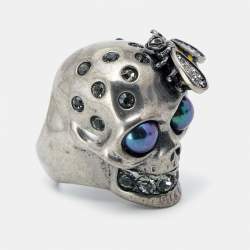 Alexander McQueen Bee Crystal Studded Skull Silver Tone Ring Size 51