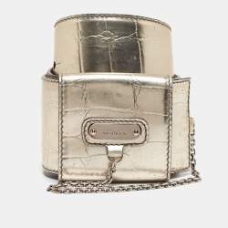 Pre Owned Alexander McQueen Light Gold Croc Embossed Leather Logo Wide Waist Belt