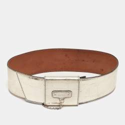 Pre Owned Alexander McQueen Light Gold Croc Embossed Leather Logo Wide Waist Belt