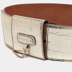 Pre Owned Alexander McQueen Light Gold Croc Embossed Leather Logo Wide Waist Belt